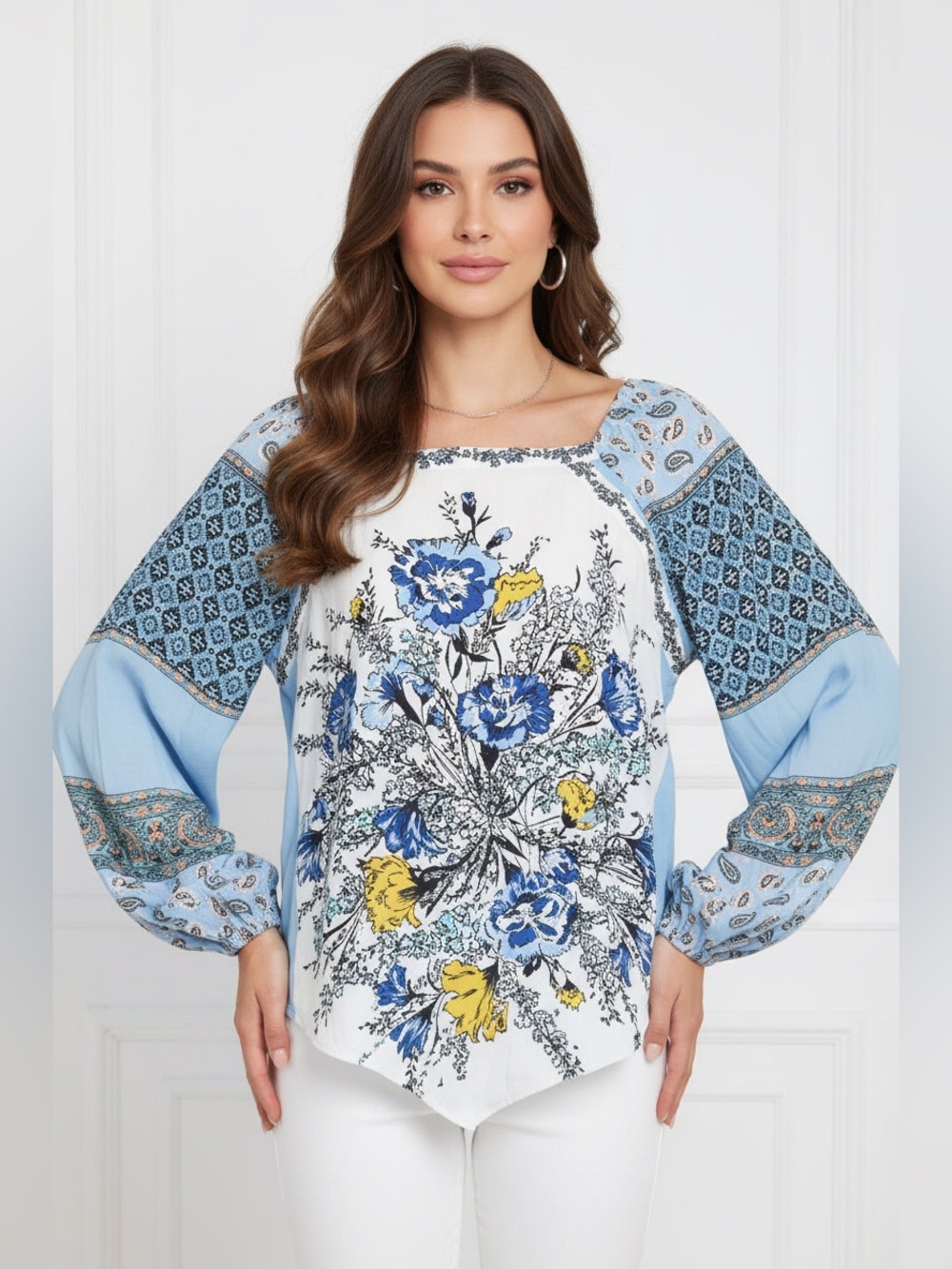 Free People Light Blue Floral Peasant Blouse with Yellow Accents